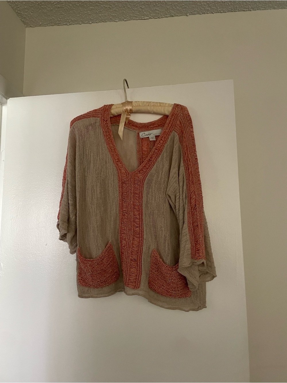 Neutral Tan V-Neck Sweater with Coral Trim and Pockets